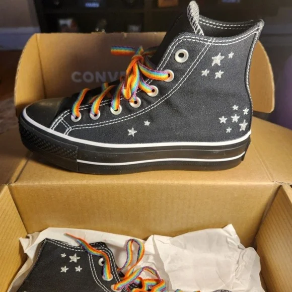 Converse Black & Multi Color High Tops. One of a Kind! Custom Made But Too Small - Picture 5 of 6